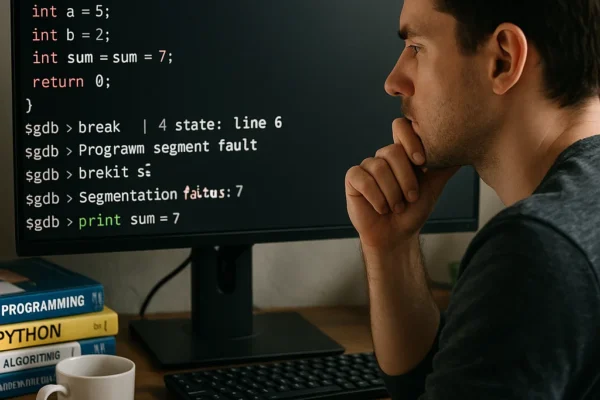 A programmer debugging C code in the GDB terminal on their computer, with the screen showing debugging commands and a focused work environment.