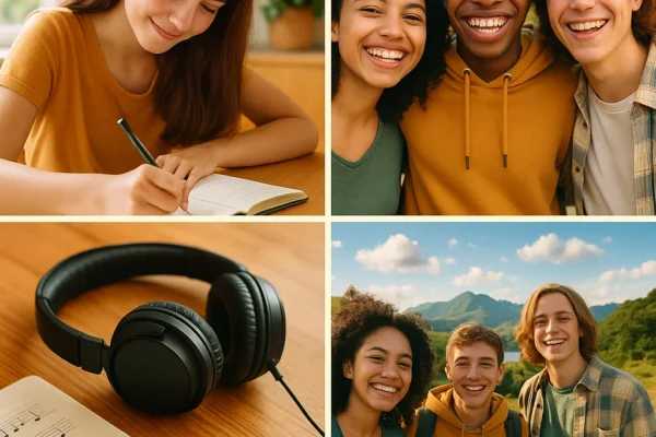 Collage of a teen journaling, friends smiling, music elements, and outdoor scenery representing positive life events.