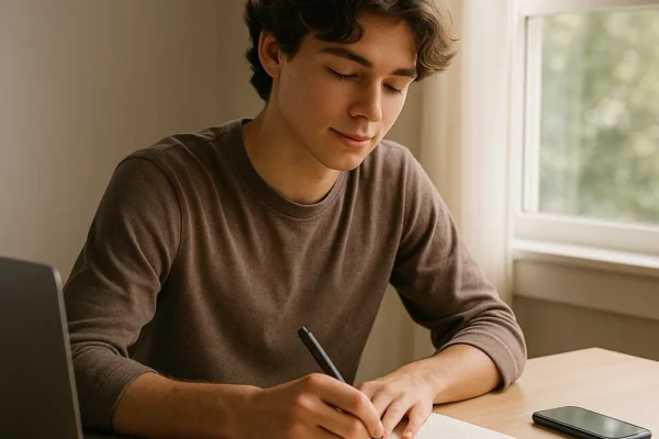 Teen balancing screen time and productivity, symbolizing self-improvement and mindful habits.
