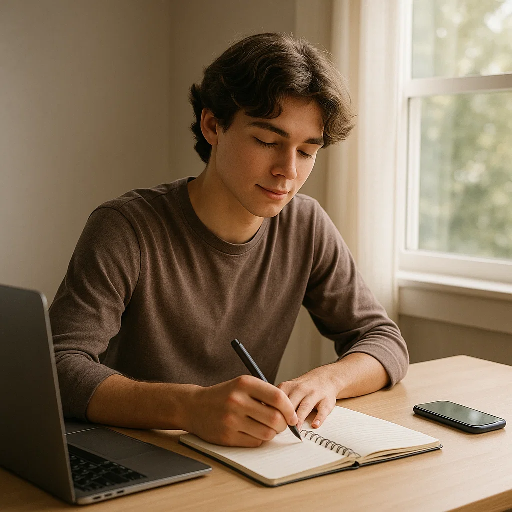 Teen balancing screen time and productivity, symbolizing self-improvement and mindful habits.