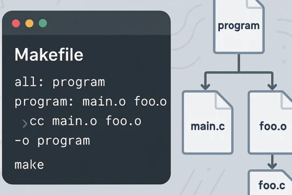 Illustration of a Makefile in a terminal environment, showing the connection between source files, headers, and the final executable in a C project, representing the automation process.
