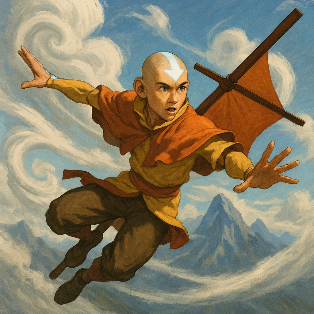 Aang flying through the sky in Airbender pose with mountains and clouds in the background.