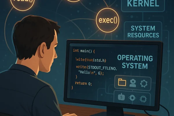 Realistic image of a programmer interacting with Unix system calls, with visual elements representing the connection between C programs and the operating system.