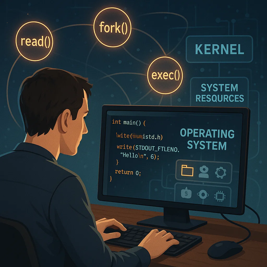 Realistic image of a programmer interacting with Unix system calls, with visual elements representing the connection between C programs and the operating system.