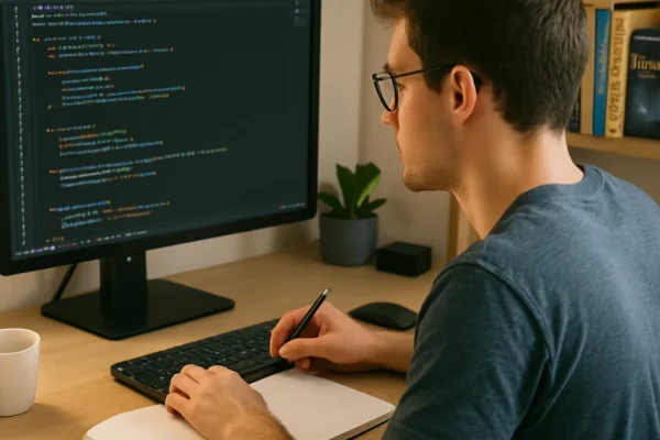A person writing code on a computer screen in a comfortable, modern workspace. The screen displays lines of programming code, with books and gadgets in the background, illustrating the process of learning and working in programming.
