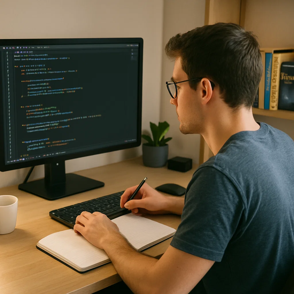 A person writing code on a computer screen in a comfortable, modern workspace. The screen displays lines of programming code, with books and gadgets in the background, illustrating the process of learning and working in programming.