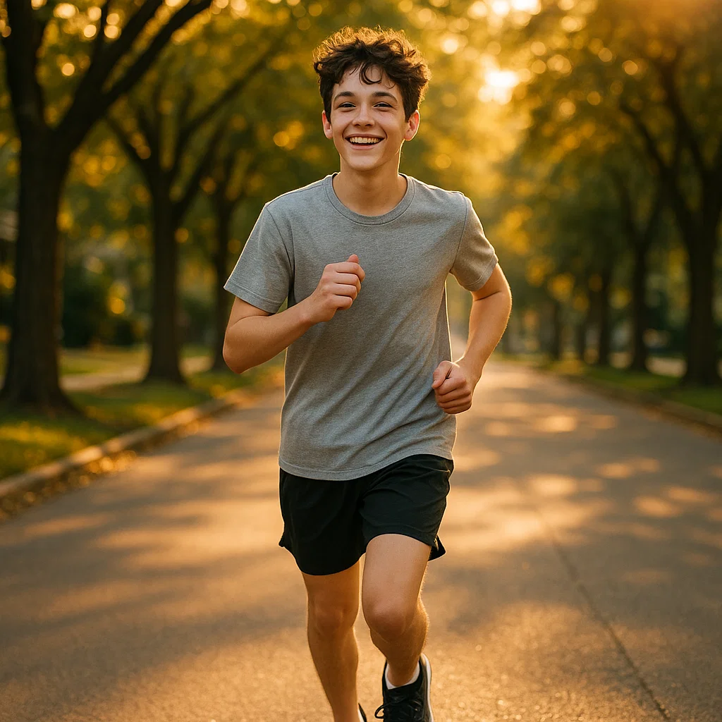 Teenager running outdoors on a sunny street, enjoying physical activity.