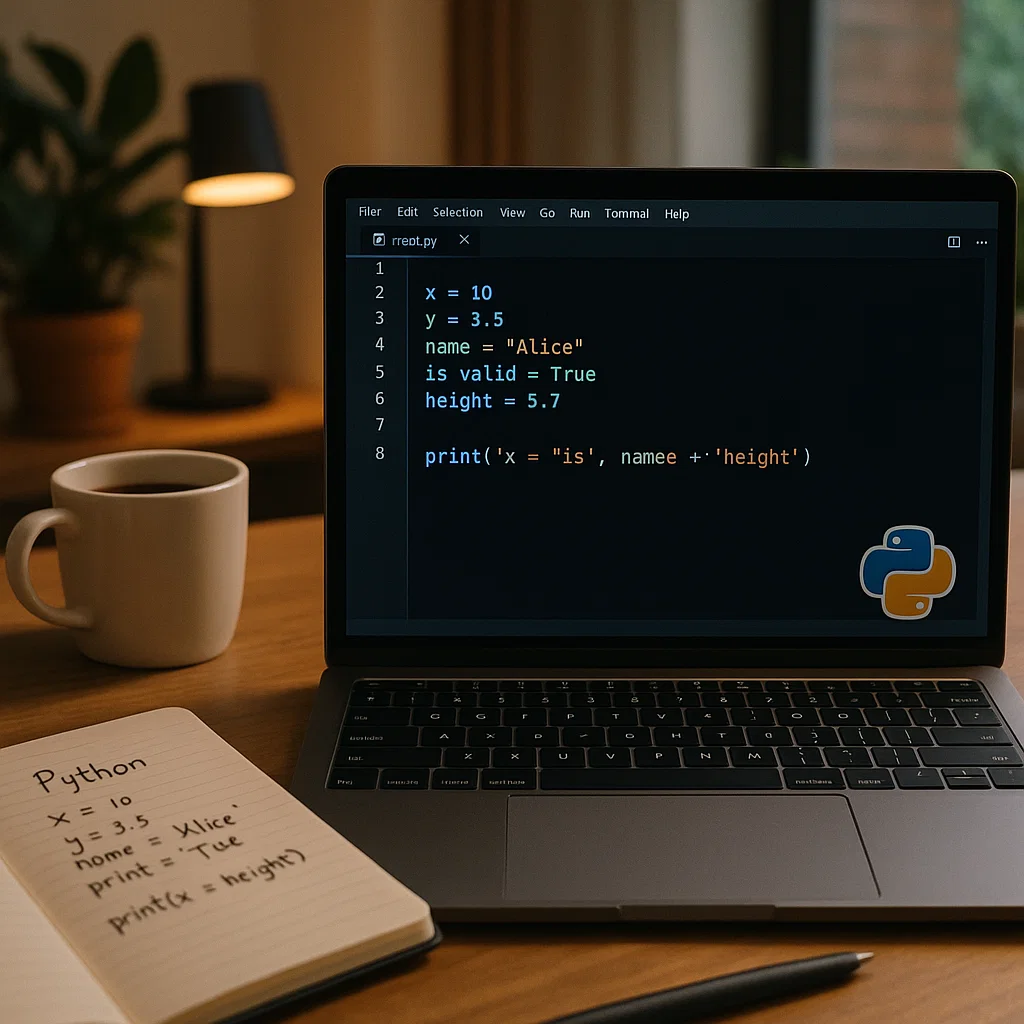 Python programming environment featuring a laptop screen with Python code, a notebook, and a cozy workspace.