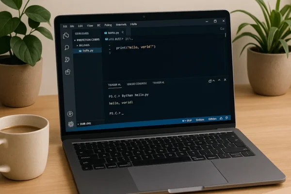 A cozy programming workspace with a laptop showing Python code in VS Code, 'Hello, World!' output on the screen, and a tidy desk setup.