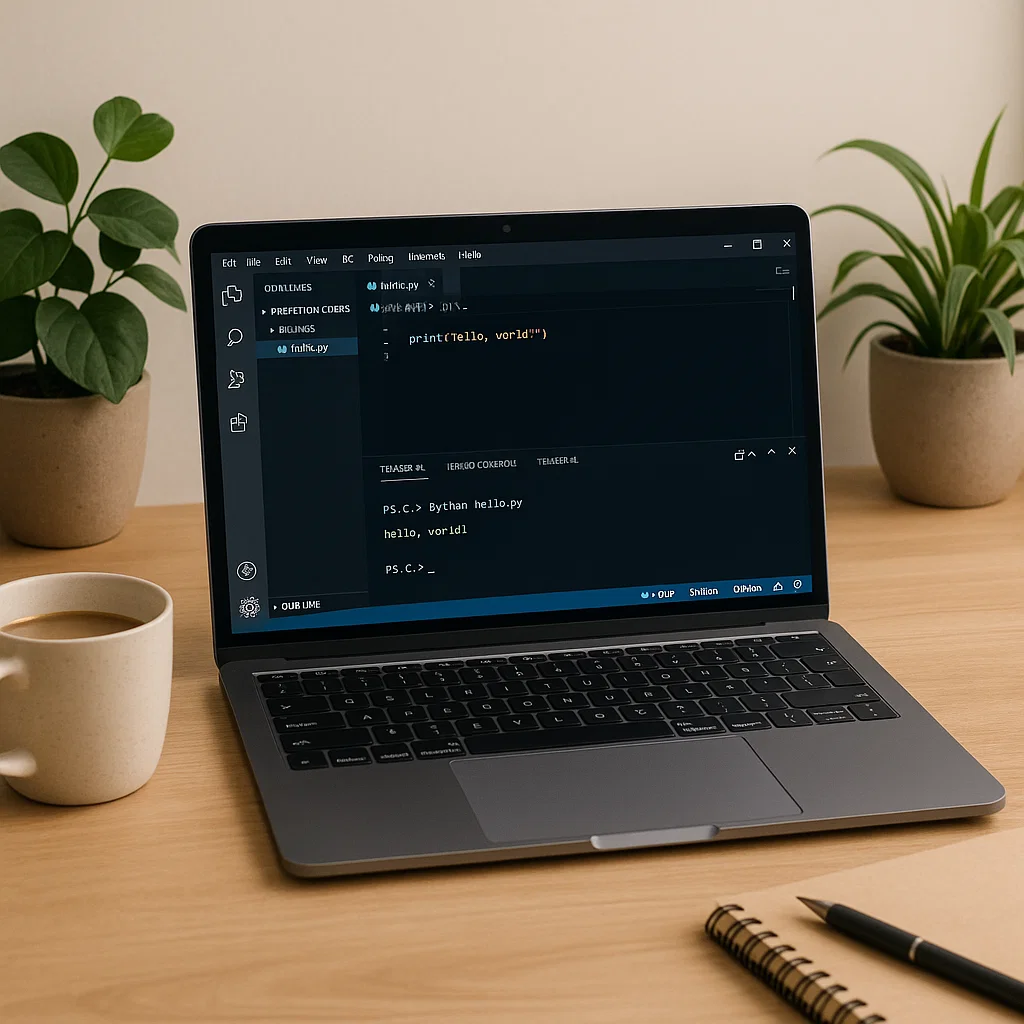 A cozy programming workspace with a laptop showing Python code in VS Code, 'Hello, World!' output on the screen, and a tidy desk setup.