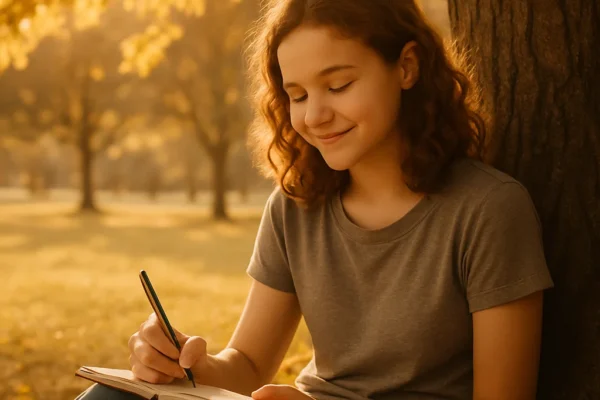 Teenager reflecting thoughtfully under a tree, symbolizing empathy, care, and personal growth.