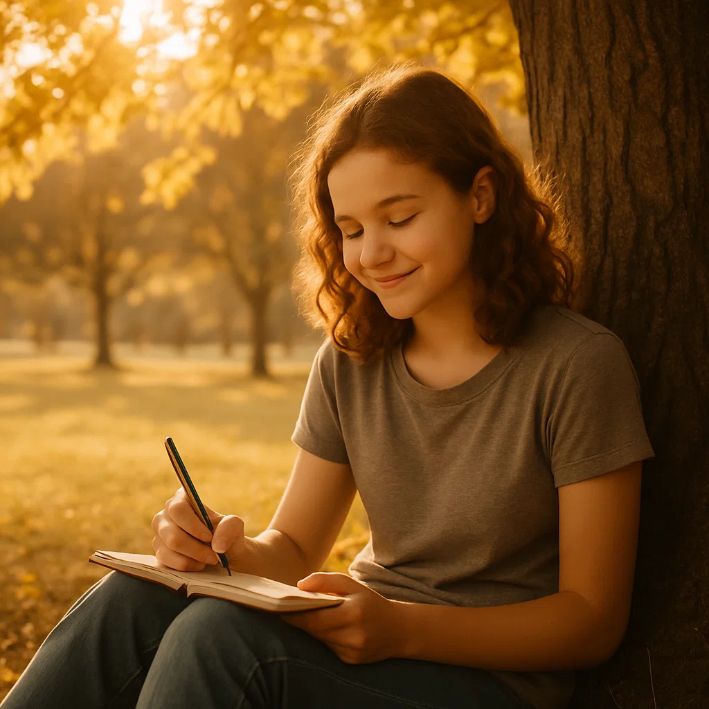 Teenager reflecting thoughtfully under a tree, symbolizing empathy, care, and personal growth.