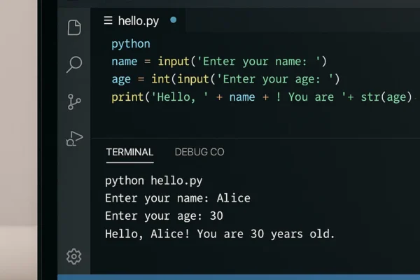 Python code with input and output functions displayed on a computer screen, showcasing user interaction in an IDE