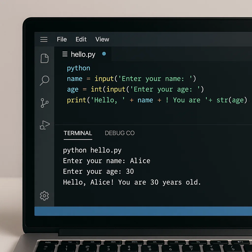 Python code with input and output functions displayed on a computer screen, showcasing user interaction in an IDE