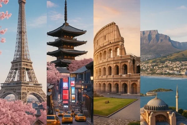 Collage of famous world cities including Paris, Kyoto, New York, Rome, Cape Town, and Istanbul, inspiring travel and exploration.