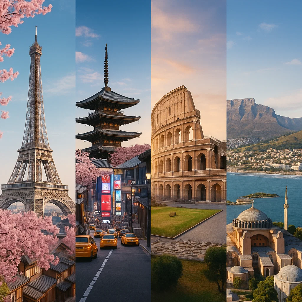 Collage of famous world cities including Paris, Kyoto, New York, Rome, Cape Town, and Istanbul, inspiring travel and exploration.