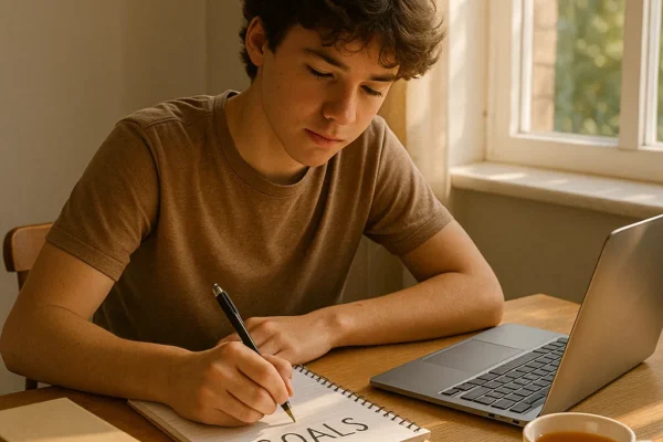 Teen reflecting and writing daily goals at desk for personal development.