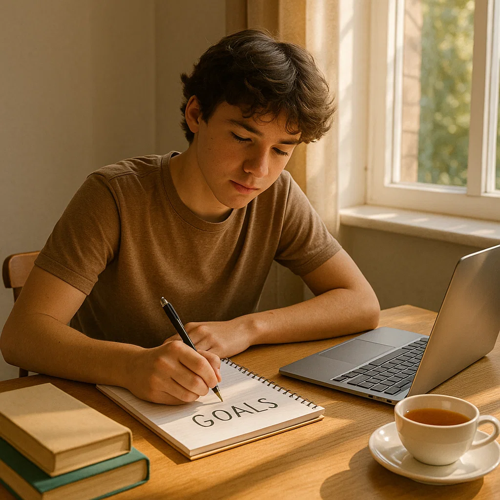 Teen reflecting and writing daily goals at desk for personal development.