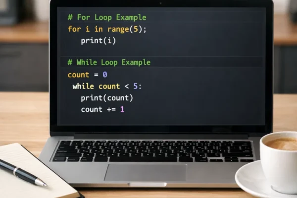 Python loops shown in a code editor on a laptop, illustrating automation of repetitive programming tasks.