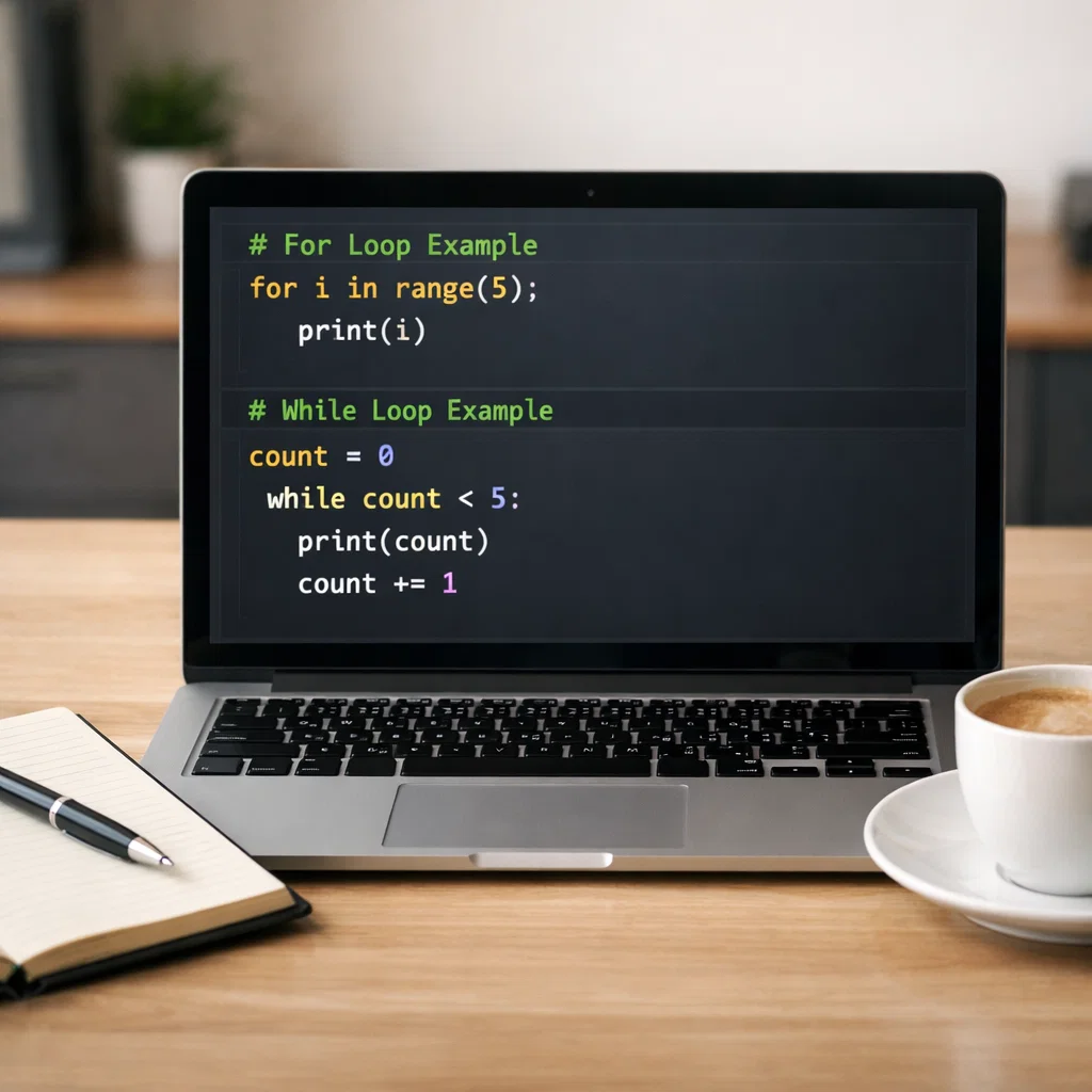 Python loops shown in a code editor on a laptop, illustrating automation of repetitive programming tasks.
