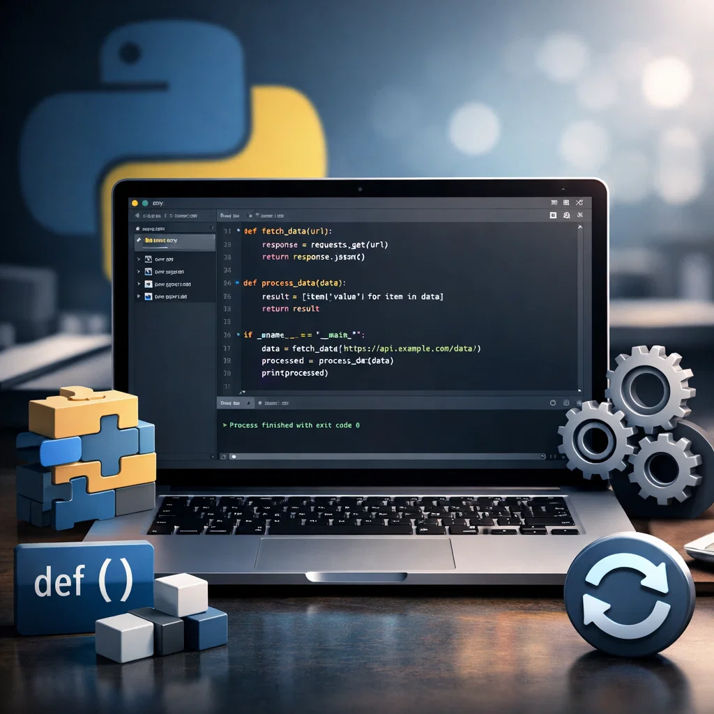 A professional image of Python programming, showing a laptop with Python code on the screen and symbols representing modularity and functions, highlighting the power of reusable code.