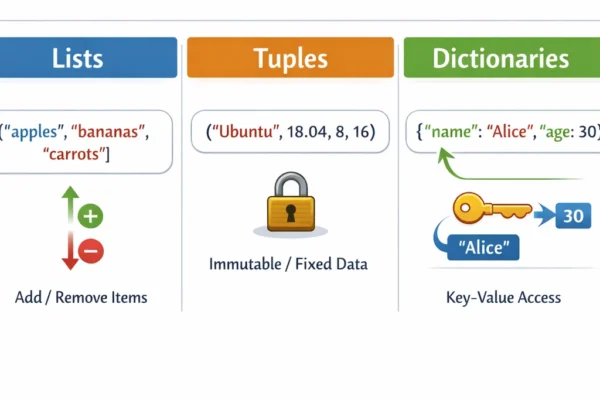 Infographic showing the three main Python collections — Lists, Tuples, and Dictionaries. Lists are ordered and mutable, Tuples are ordered and immutable, and Dictionaries are unordered and store key-value pairs.