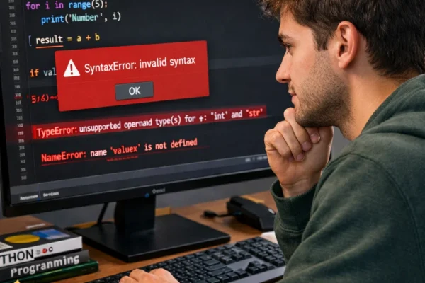 Young programmer debugging Python code on a laptop, with error messages visible on the screen.
