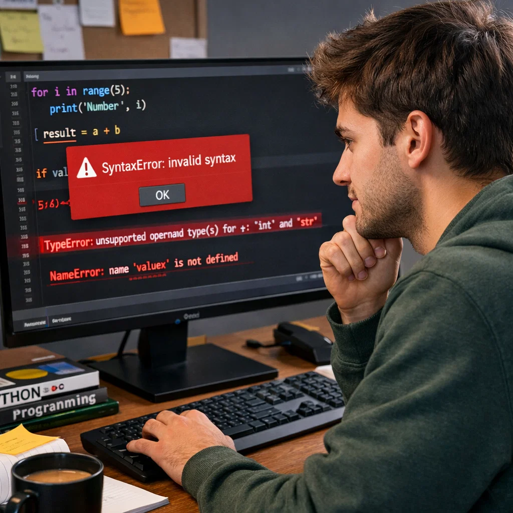 Young programmer debugging Python code on a laptop, with error messages visible on the screen.