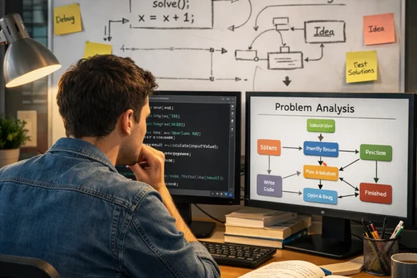 Realistic image of a programmer working at a desk with a computer, flowcharts, and pseudocode, representing the problem-solving process in programming