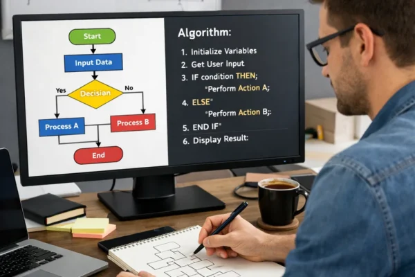 Programmer reviewing an algorithm and flowchart on a computer screen, working on problem-solving in a tech environment.
