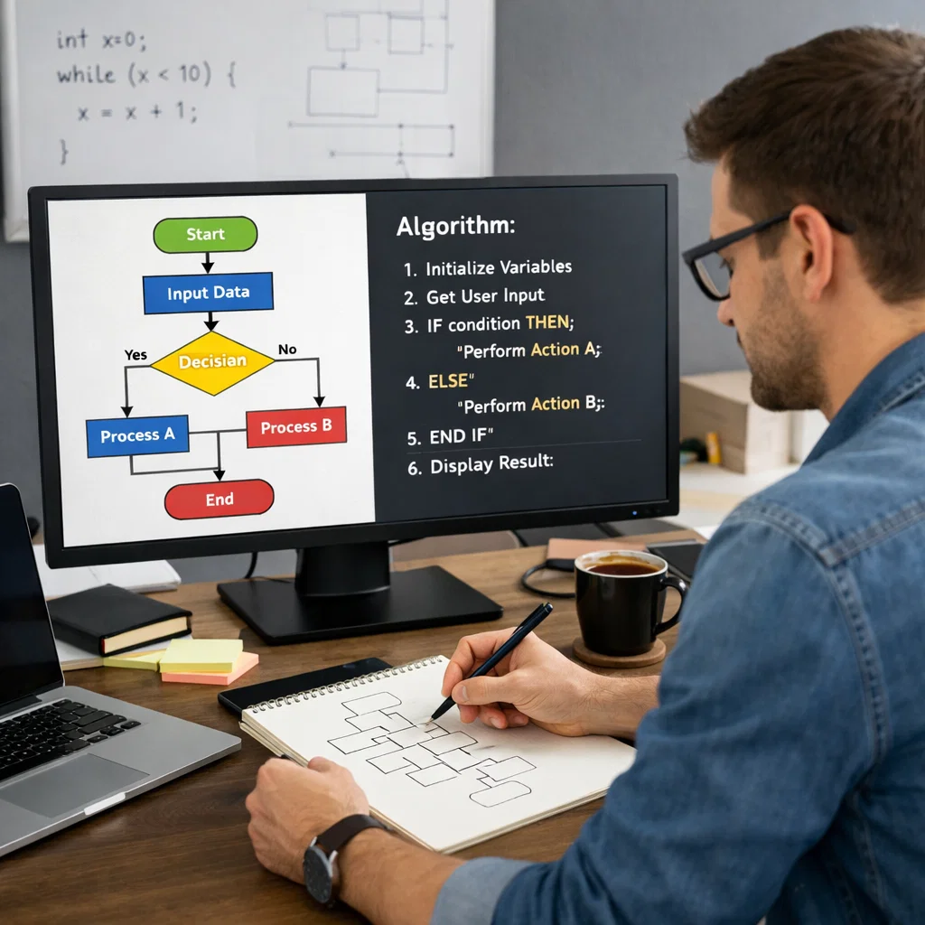 Programmer reviewing an algorithm and flowchart on a computer screen, working on problem-solving in a tech environment.