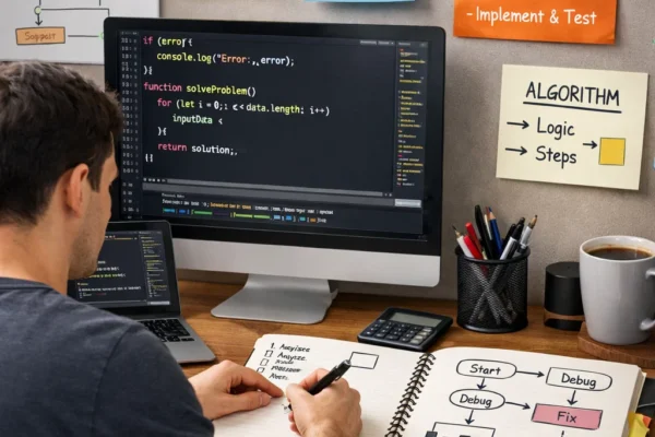 A programmer working at a desk with a computer screen displaying code and a notepad with flowcharts and notes, symbolizing the process of problem-solving in programming.