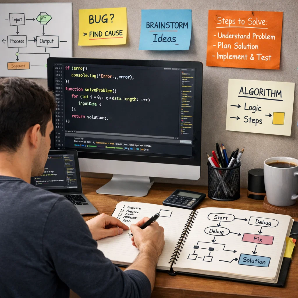 A programmer working at a desk with a computer screen displaying code and a notepad with flowcharts and notes, symbolizing the process of problem-solving in programming.