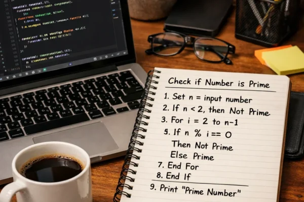 A programmer’s desk with a laptop showing code and a notebook with handwritten pseudocode, illustrating the transition from logic to programming.