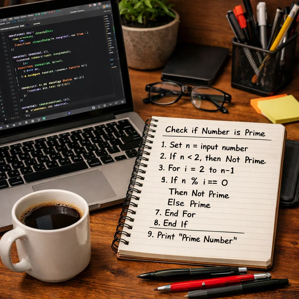 A programmer’s desk with a laptop showing code and a notebook with handwritten pseudocode, illustrating the transition from logic to programming.