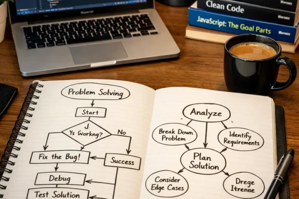 Programmer's desk with laptop displaying code, notebooks with flowcharts, and programming tools, representing logical thinking in programming.
