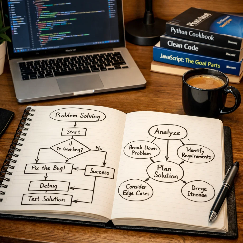 Programmer's desk with laptop displaying code, notebooks with flowcharts, and programming tools, representing logical thinking in programming.
