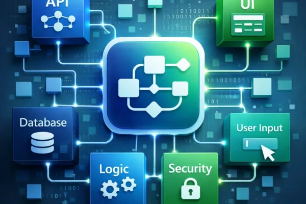Abstract visual representation of modular thinking in programming: breaking down complex systems into smaller, interconnected modules.