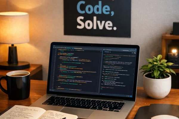 A programmer's desk with a laptop showing lines of code, a notebook with handwritten notes, a coffee mug, and a potted plant, creating an inspiring environment for problem-solving in programming.