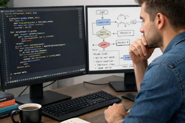 Developer focused on solving a complex coding problem, with dual monitors displaying code and diagrams, emphasizing problem-solving in programming.