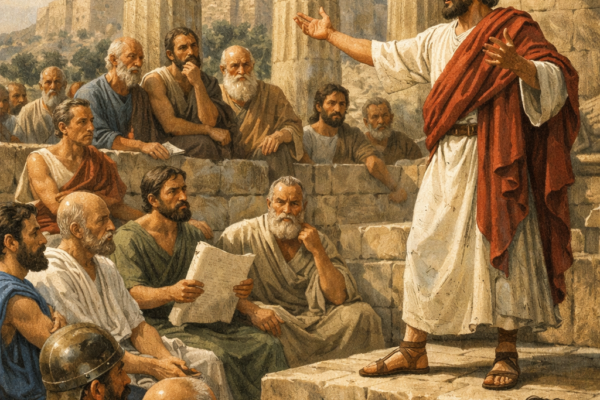 Ancient Greek assembly in Athens where citizens practice public speaking and rhetoric.