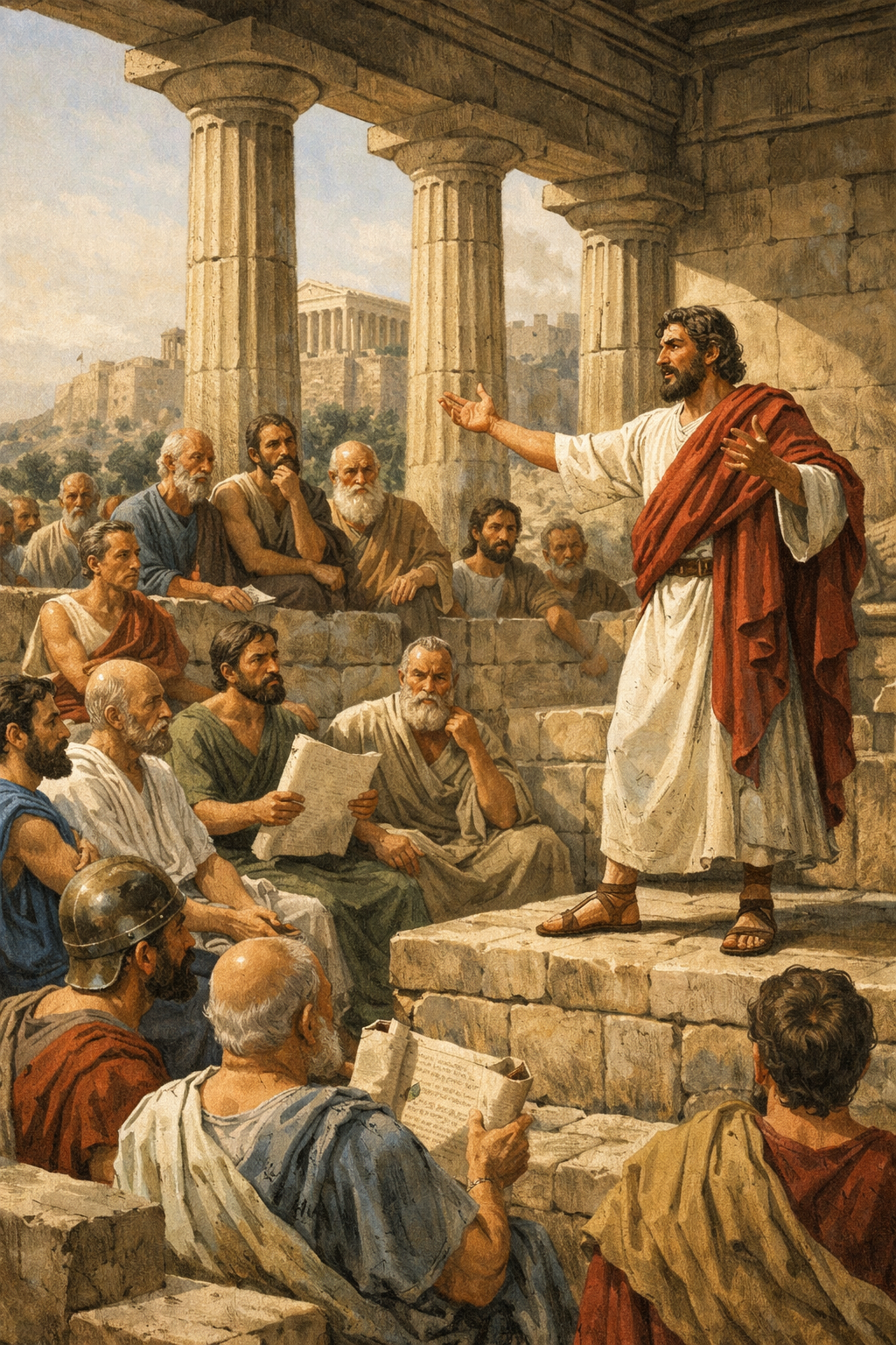 Ancient Greek assembly in Athens where citizens practice public speaking and rhetoric.