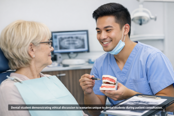 Dental consultation with student patient.