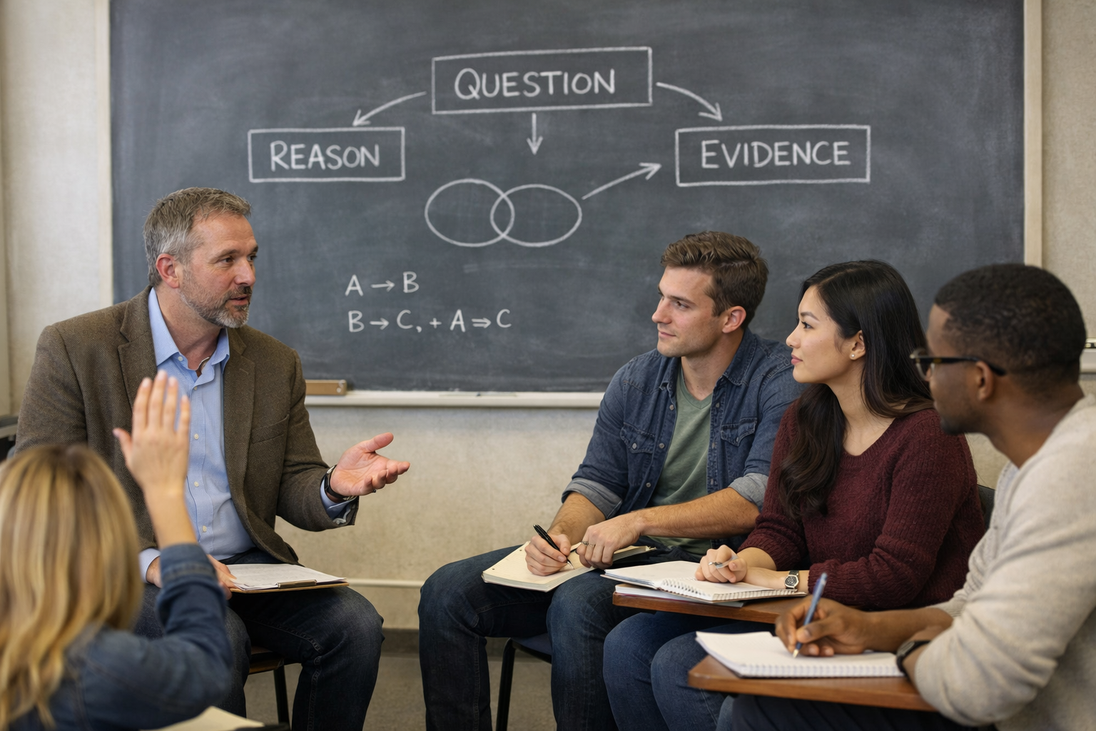 Ancient library with marble busts of Socrates, Plato, and Aristotle representing the origins of critical thinking