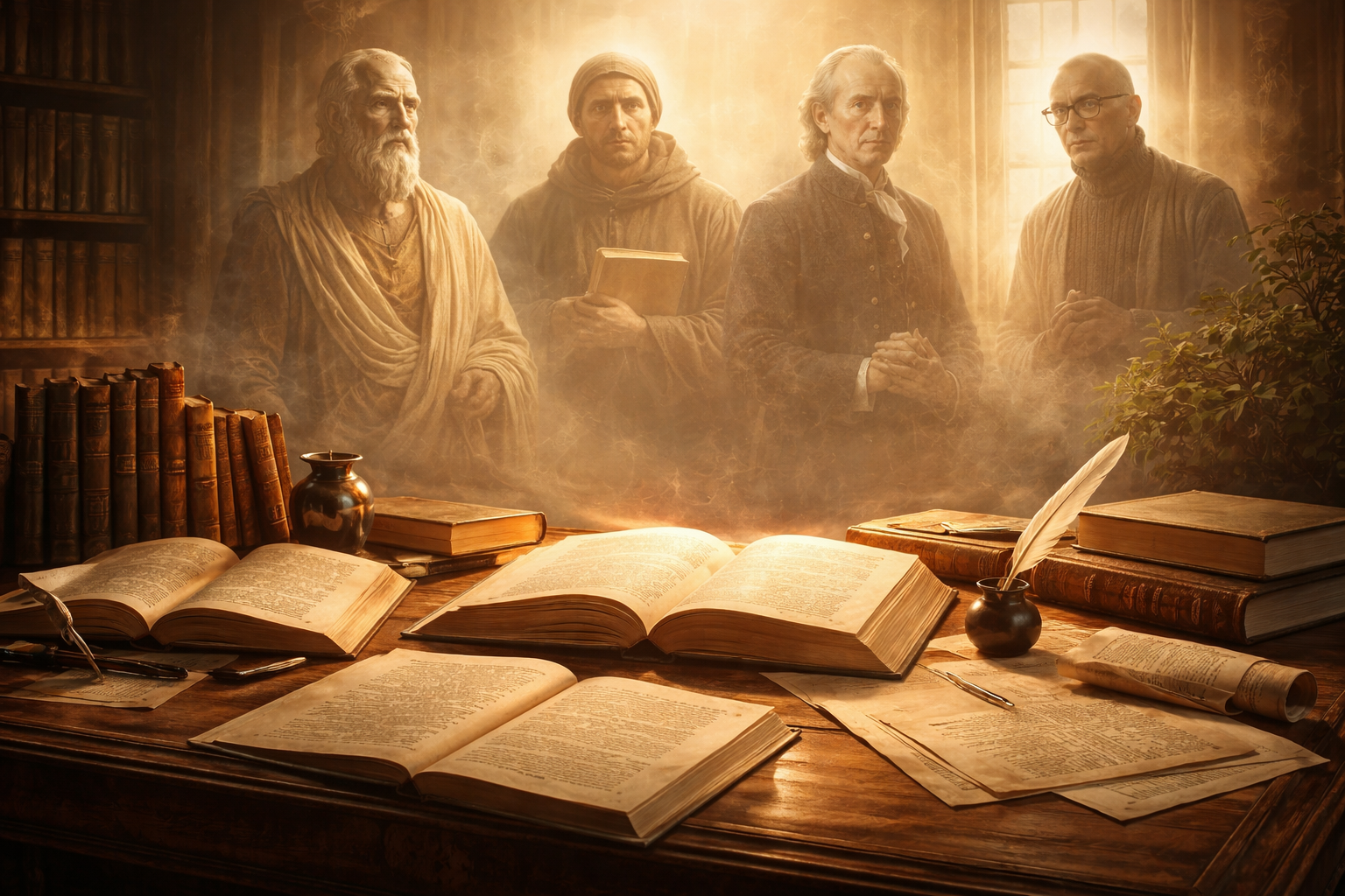 Philosophical books on a desk with historical thinkers from antiquity to modernity symbolizing philosophical texts across historical periods