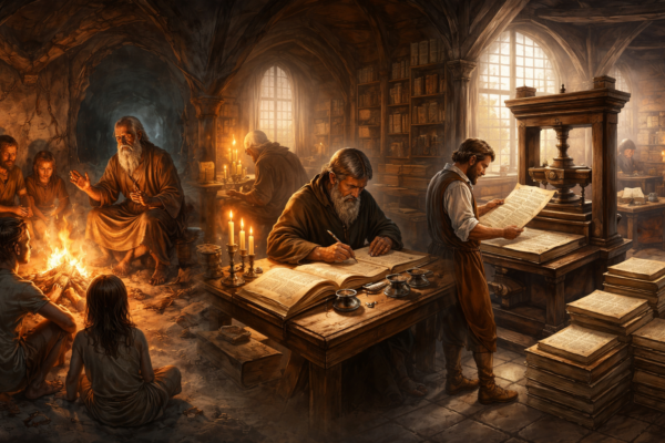 Evolution of communication from oral tradition to written manuscripts and print culture