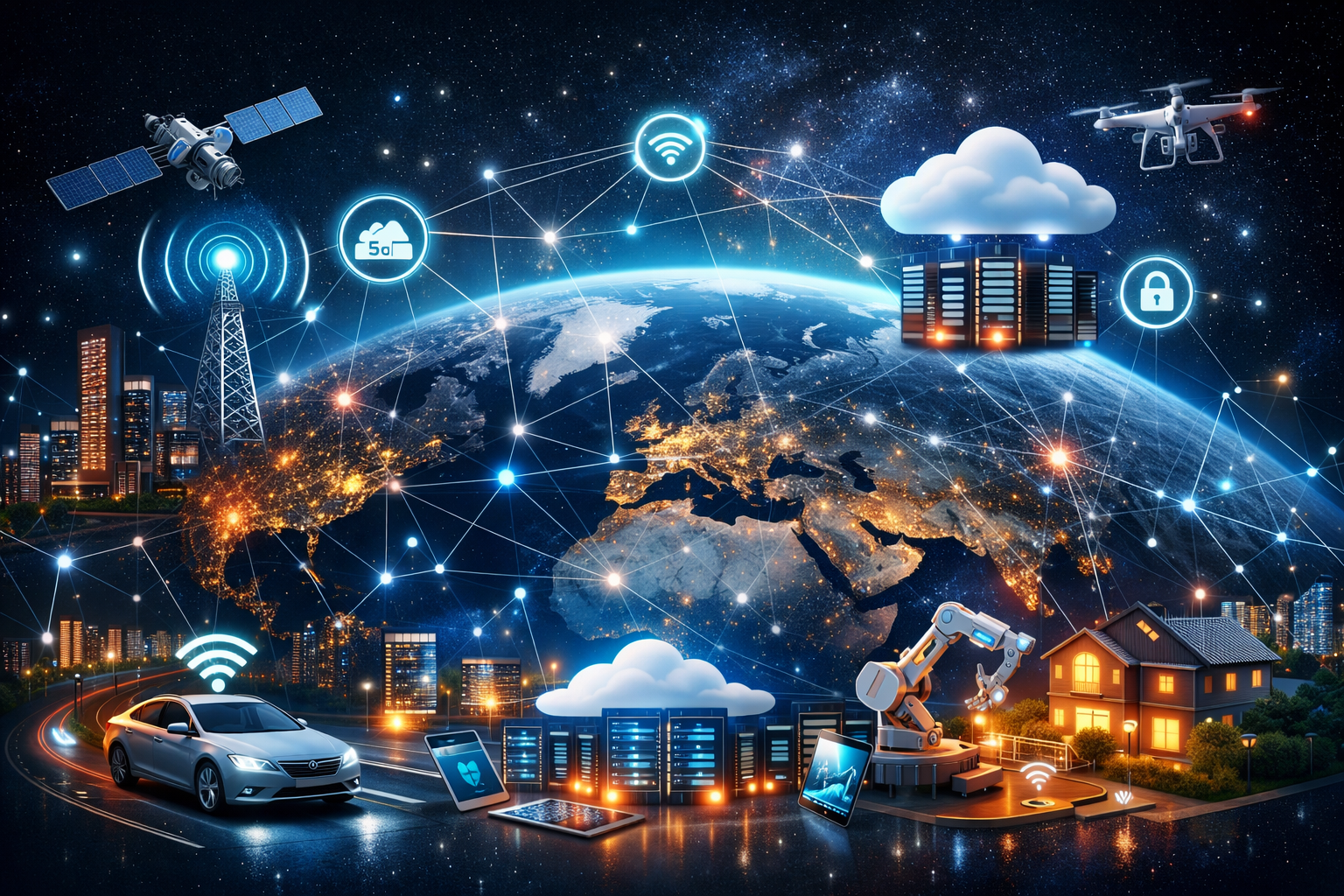 Future of internet technologies showing 5G, cloud computing, IoT, and edge computing connectivity across the world