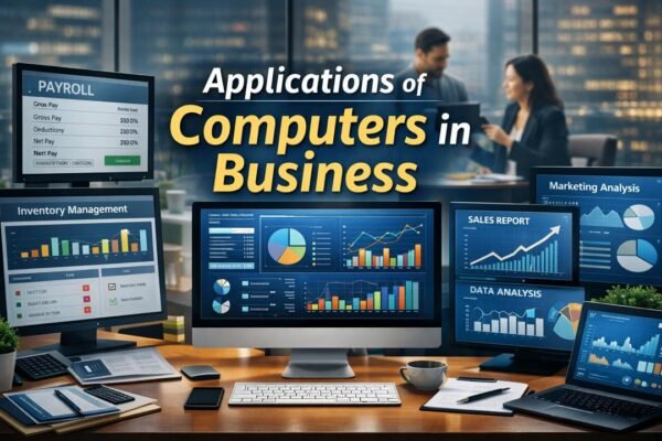 Applications of computers in business showing digital dashboards and office systems