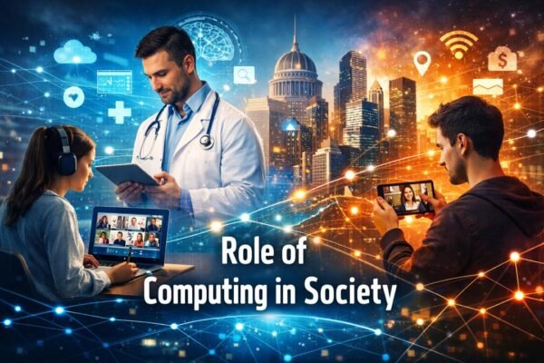 Role of computing in society showing digital transformation across education, healthcare, and public services.