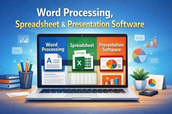 Word processing, spreadsheet and presentation software displayed on a laptop screen